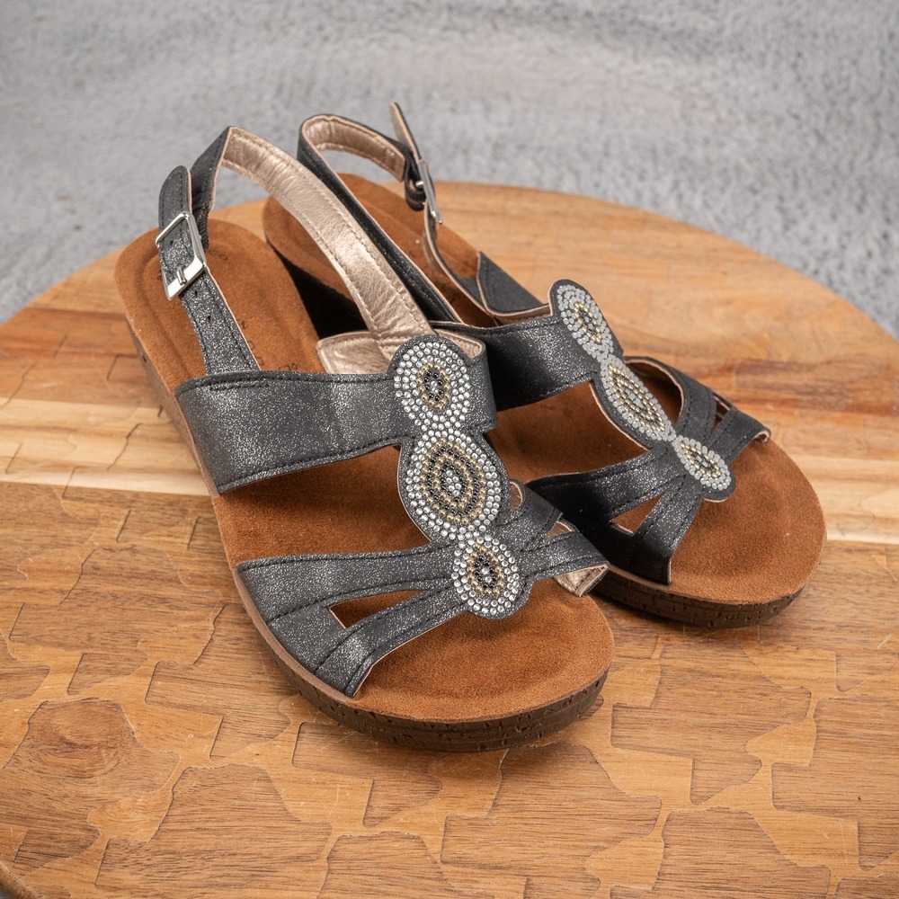 Inblu Sandals Women US 6 EU 37 Black Silver Leather‎ Rhinestone Heel Wedge